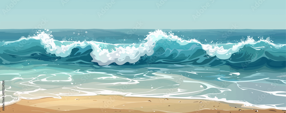 A serene seascape, its waves gently crashing against the shore, captured on a plain white surface. Vector flat minimalistic isolated illustration.