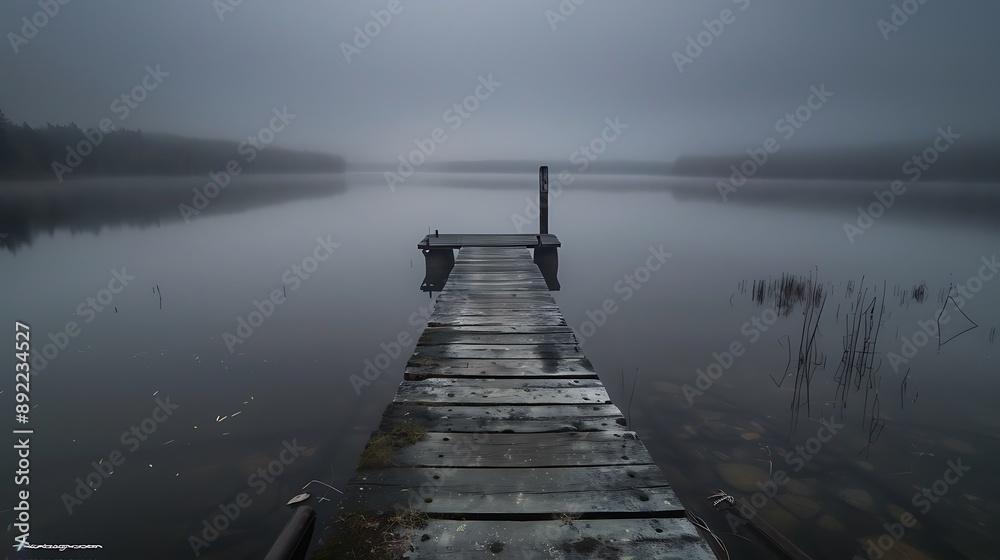Fototapeta premium The dock made of wood sticks out into the still cloudy lake