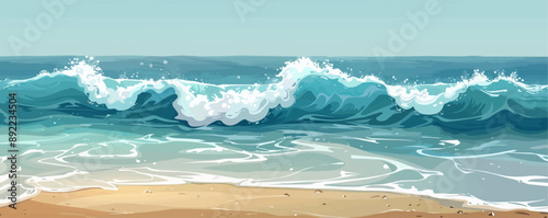 A serene seascape, its waves gently crashing against the shore, captured on a plain white surface. Vector flat minimalistic isolated illustration.