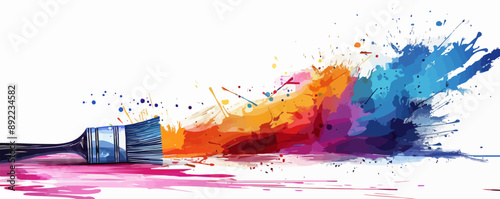 A paintbrush, its bristles loaded with vibrant colors, poised to bring creativity to life, set against a plain white surface. Vector flat minimalistic isolated illustration