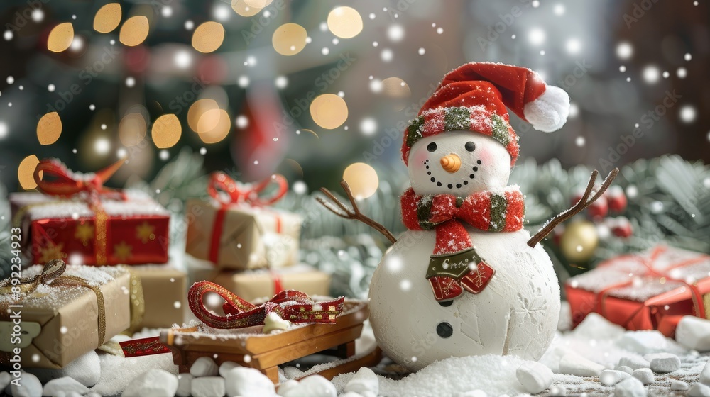 Fototapeta premium Smiling snowman with sled and gifts on snowy Chistmas background