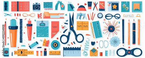 A colorful array of office supplies including scissors, pens, and rulers. Concept of creativity and productivity