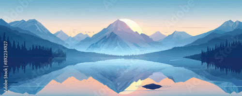 A peaceful mountain lake reflecting the surrounding peaks. Vector flat minimalistic isolated illustration.