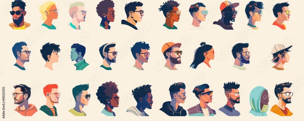 A colorful image of people with different hairstyles and facial features. A colorful image of people with different hairstyles and facial features.