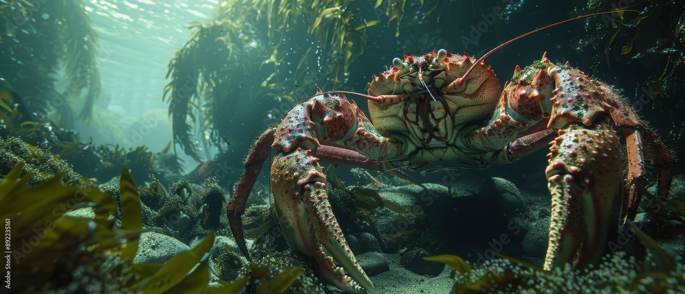 Majestic Underwater Scene: Giant Lobster and King Crab in Vibrant Kelp Forest Shot