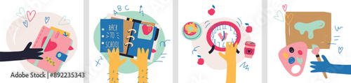 set of school cliparts. Back to school concept. hands of different skin colors holding school suplies. notebooks and diaries, an alarm clock, paints and a brush