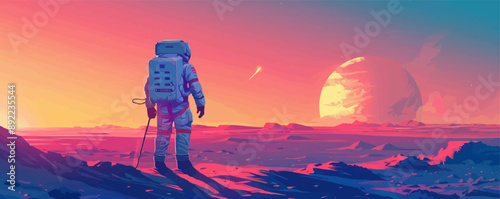 Sci-fi astronaut exploring an alien planet Vector flat minimalistic isolated