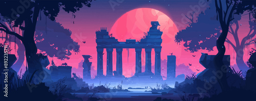 Mystical forest with ancient ruins and enigmatic creatures. Vector flat minimalistic isolated illustration.