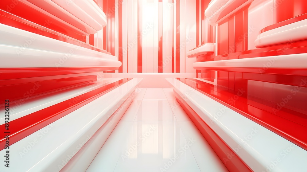 Obraz premium 3d rendering of red white abstract geometric background. Scene for advertising, technology, showcase, banner, game, sport, cosmetic, business, metaverse. Sci-Fi Illustration. Product display