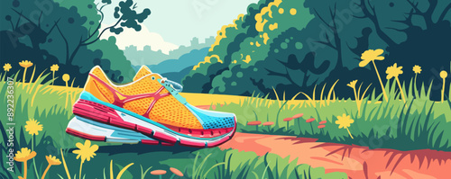 A pair of colorful running shoes on a jogging trail. Vector flat minimalistic isolated