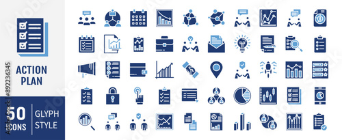 Action plan glyph icons set. Strategy, tasks, goal, action, planning and analysis. Vector Illustration