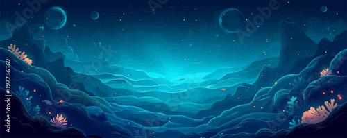 Underwater world of bioluminescent creatures in the deep sea. Vector flat minimalistic isolated