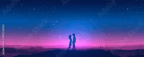 Serendipitous encounter between two soulmates under a starlit sky. Vector flat minimalistic isolated