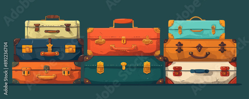 A stack of vintage suitcases ready for adventure. Vector flat minimalistic isolated