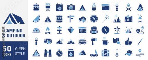 Camping and Outdoor glyph Icons set. Map, tourism, camping, hiking, direction, bonfire, backpack and tent. Vector illustration