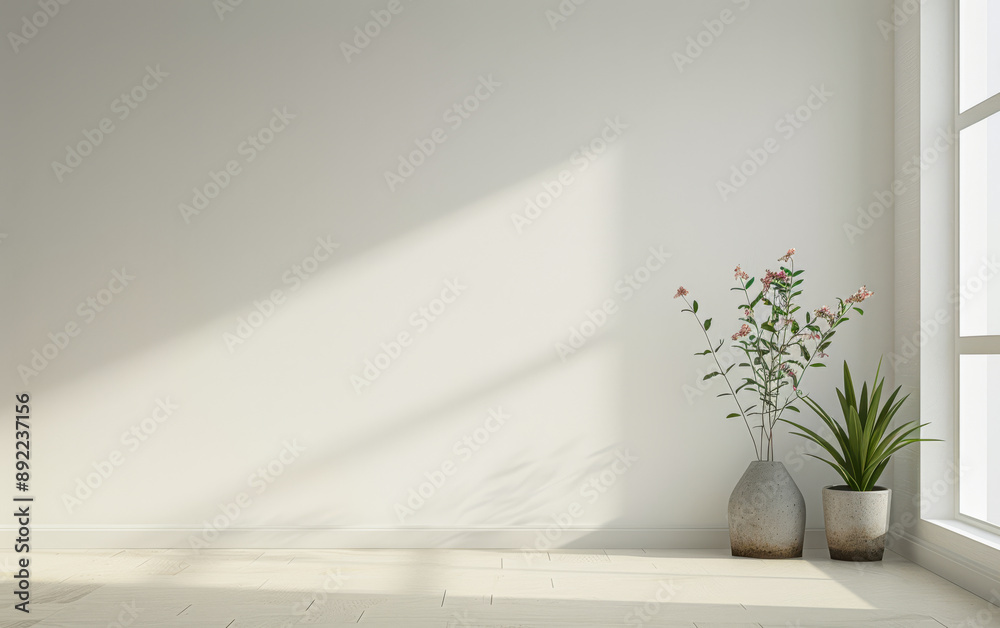 Fototapeta premium Large window in an empty luxury apartment room with no furniture and copy space. Residential interiors design composition mockup image. 28