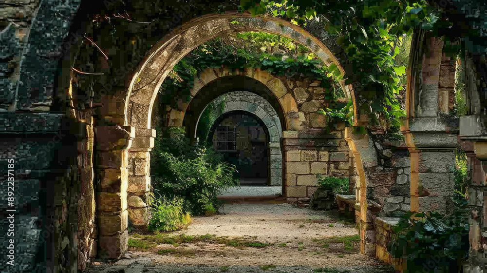 A series of old stone archways with vines growing over them in a historical setting.