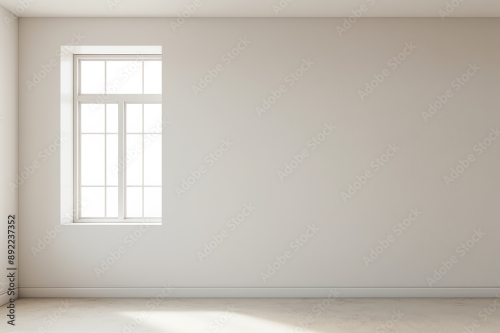 Fototapeta premium Large window in an empty luxury apartment room with no furniture and copy space. Residential interiors design composition mockup image. 28