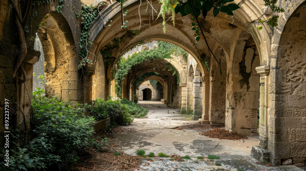 Naklejka premium A series of old stone archways with vines growing over them in a historical setting.