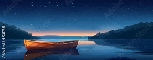 A quaint wooden rowboat bobbing on a peaceful river under a starry night sky. Vector flat minimalistic isolated illustration.