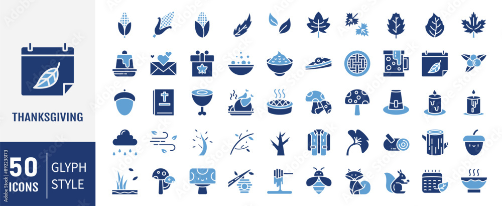 Set of 50 Glyph Thanksgiving Icon set. Vector  Illustration Set Collection.