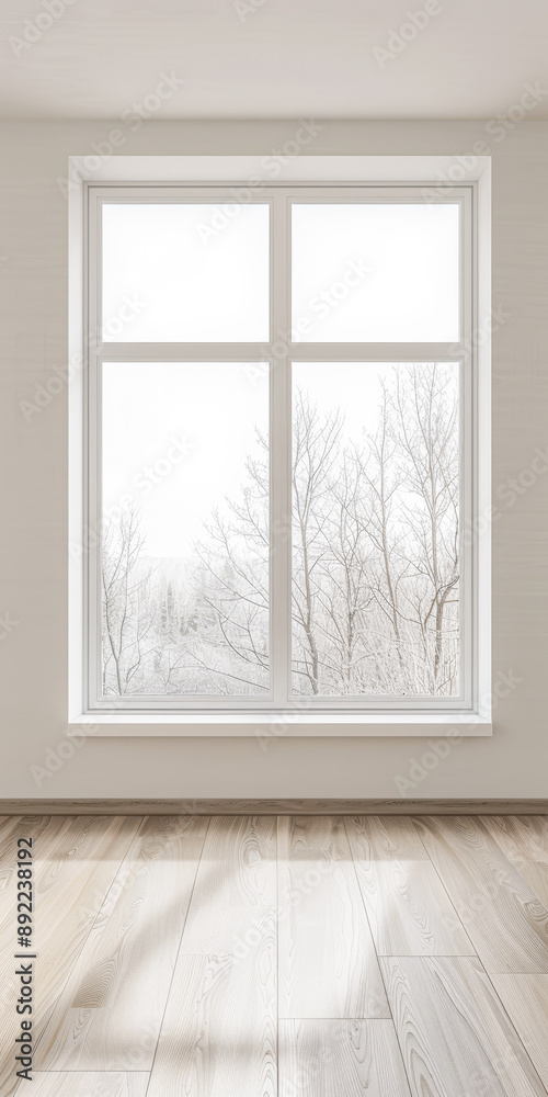 Fototapeta premium Large window in an empty luxury apartment room with no furniture and copy space. Residential interiors design composition mockup image. 28