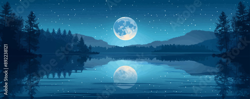 Full moon reflecting on a tranquil lake. Vector flat minimalistic isolated