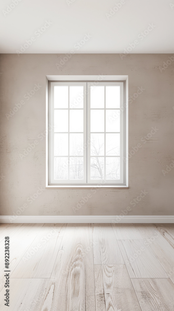 Fototapeta premium Large window in an empty luxury apartment room with no furniture and copy space. Residential interiors design composition mockup image. 28