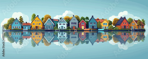 A tranquil riverside village with colorful houses reflected in the water. Vector flat minimalistic isolated illustration.
