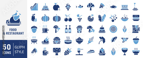 Set of 50 Glyph Food and restaurant icons set. Glyph set of food courts vector icons for web design.