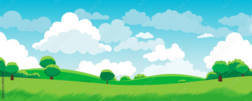 Summer field landscape. Beautiful vector illustration of a landscape, green fields and meadows, hills with trees, bushes and clouds on a sunny day. Panoramic landscape for design in flat style.
Summer field landscape. Beautiful vector illustration of a landscape, green fields and meadows, hills with trees, bushes and clouds on a sunny day. Panoramic landscape for design in flat style.