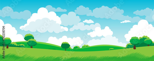 Summer field landscape. Beautiful vector illustration of a landscape, green fields and meadows, hills with trees, bushes and clouds on a sunny day. Panoramic landscape for design in flat style.
