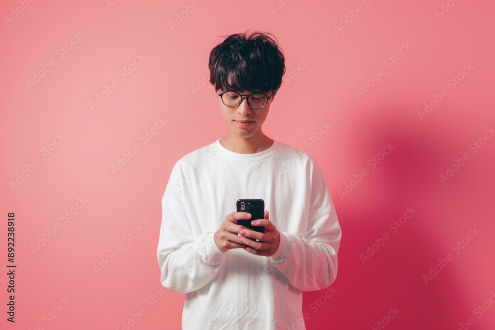 A person holding and looking at their cell phone, possibly checking messages or browsing A person holding and looking at their cell phone, possibly checking messages or browsing