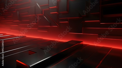 3d rendering of red and black abstract geometric background. Scene for advertising, technology, showcase, banner, game, sport, cosmetic, business, metaverse. Sci-Fi Illustration. Product display