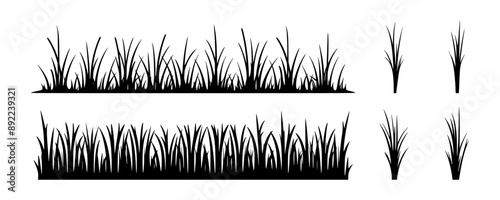 A collection of black grass silhouettes, showcasing various shapes and sizes, suitable for design projects.