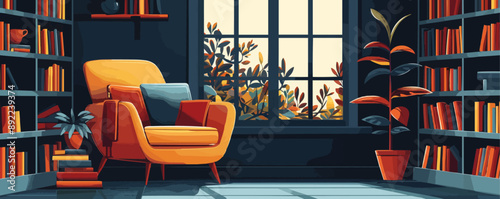 A cozy reading nook with a comfortable armchair and a stack of books. Vector flat minimalistic isolated