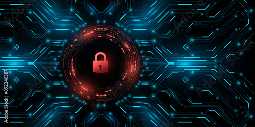 Cybersecurity touch panel with locked system. Hi-tech circuit board with lock inside glowing red HUD circle. Tech design. Vector illustration