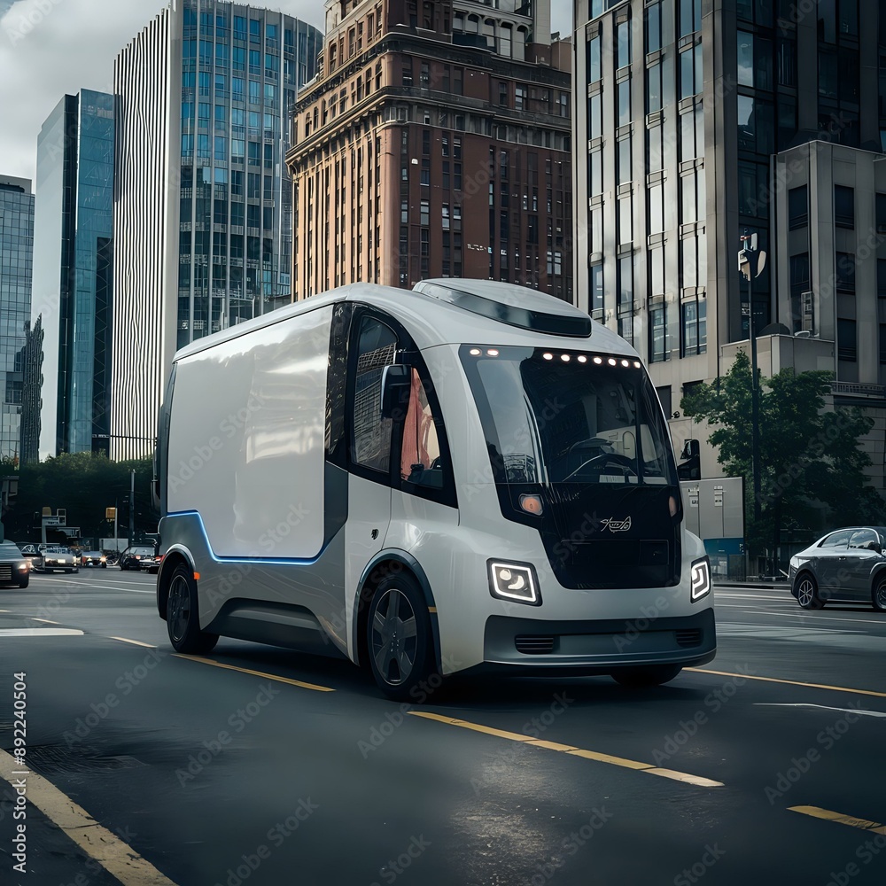 Futuristic Autonomous Delivery Vehicle on City Street

