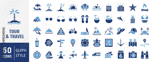 Set of 50 Tour and travel icon set. Travel and tour icons set. Tourism vector icon