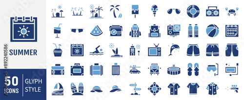 Summer, vacation, beach elements icon set. Glyph icons collection. Vector illustration.