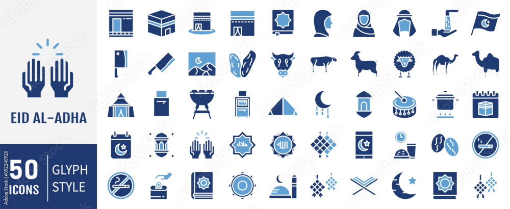 Naklejka premium Eid al adha icons set. Containing as islam, mosque, ramadhan, goat, hajj, tambourine and more. Vector illustration