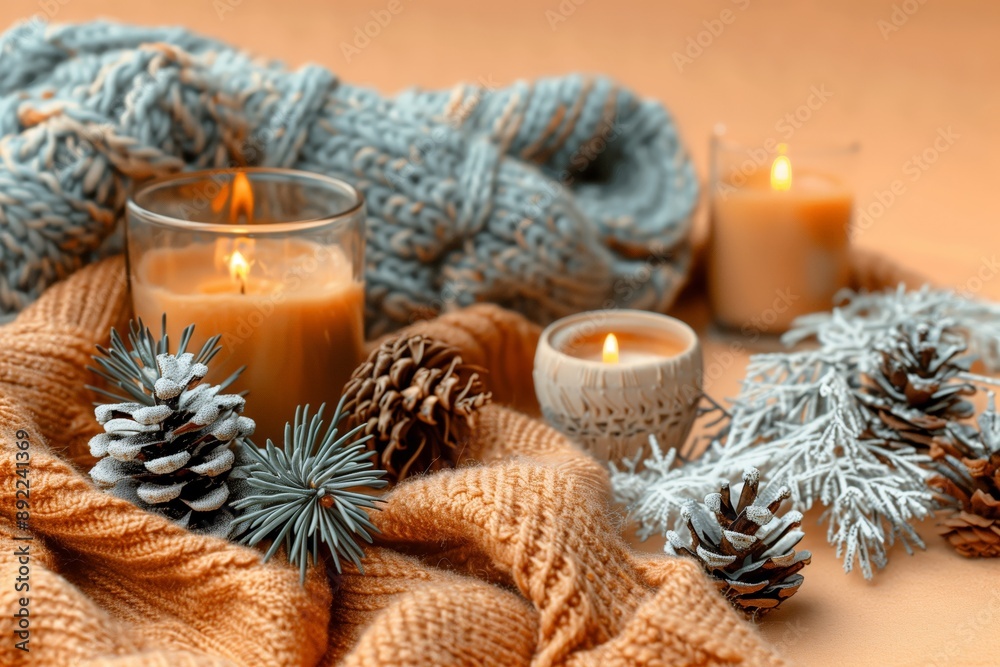 A cozy scene with a blanket, candles, and pine cones A cozy scene with a blanket, candles, and pine cones