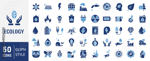 Set of 50 Ecology glyph Icons set. Vector Illustration