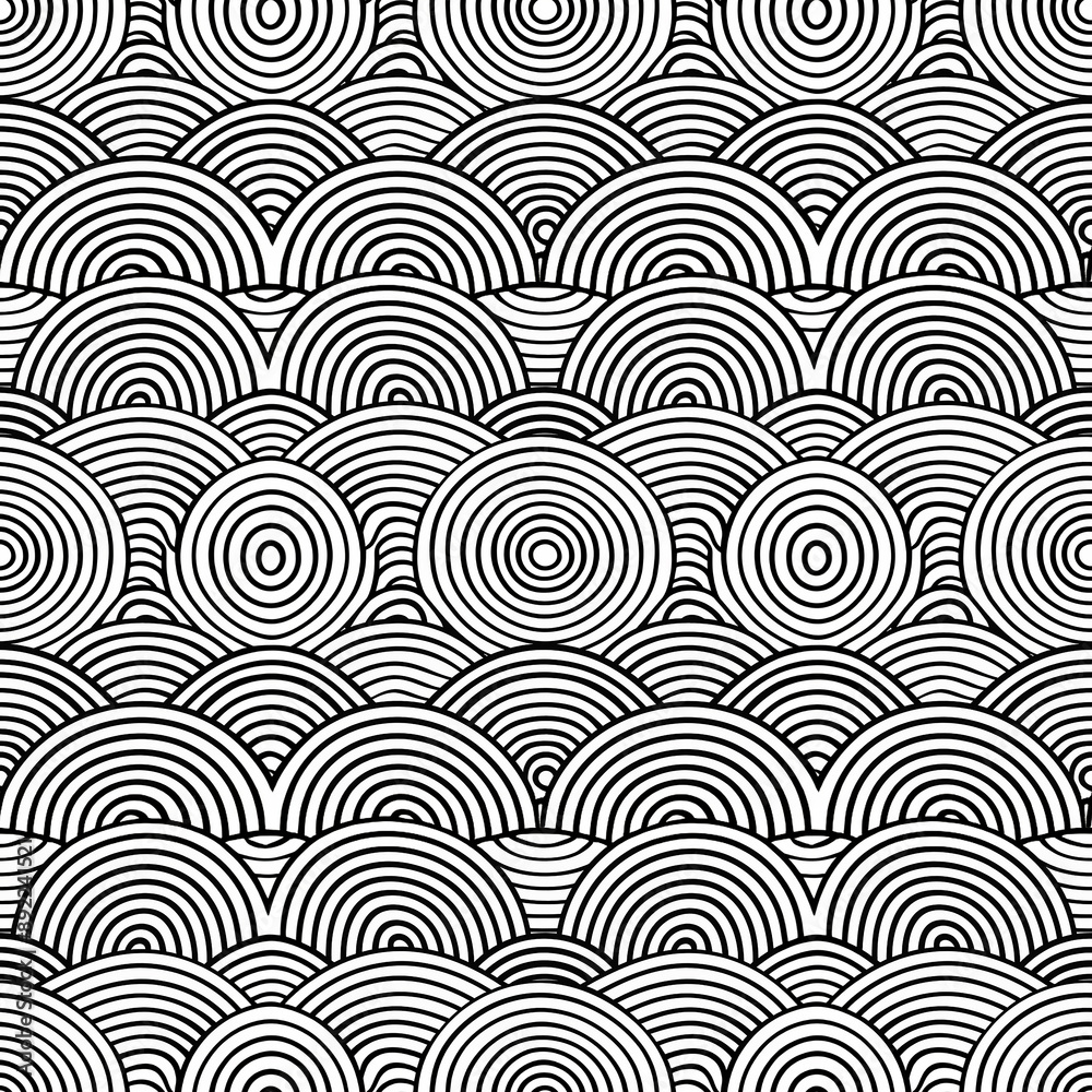 Black and white circular pattern with overlapping semicircles