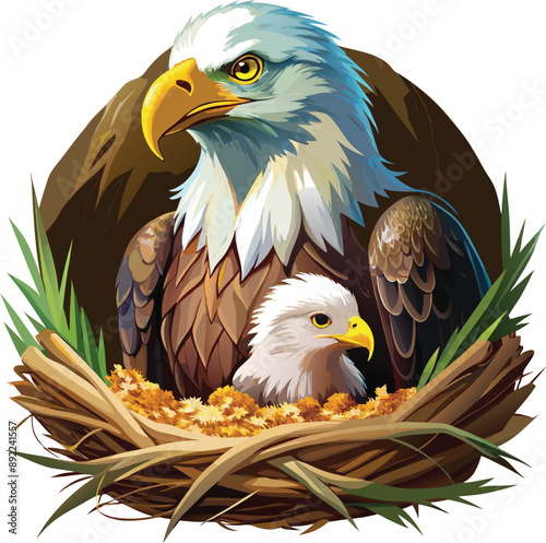 Majestic eagle nurtures chick in watercolor nest. 