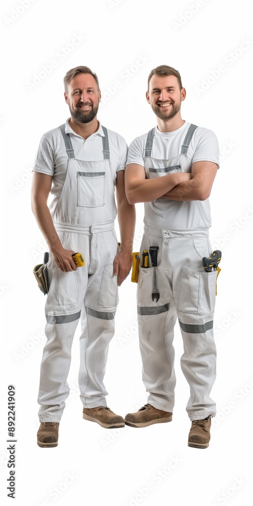 Handyman colleagues pose smiling with tools, showcasing teamwork and professional construction expertise. Handyman colleagues pose smiling with tools, showcasing teamwork and professional construction expertise.