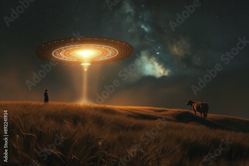 Fototapeta Naklejka Na Ścianę i Meble -  A person stands in a field with a cow and an alien spaceship in the background