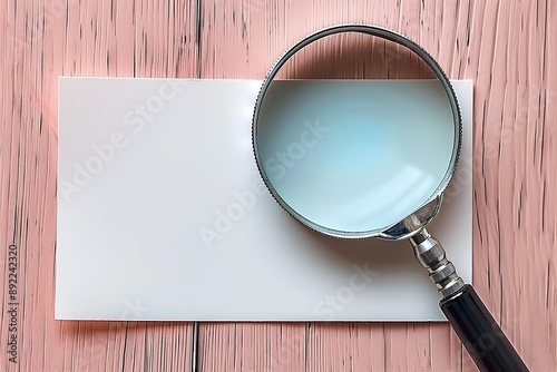 A magnifying glass is on top of a white piece of paper photo