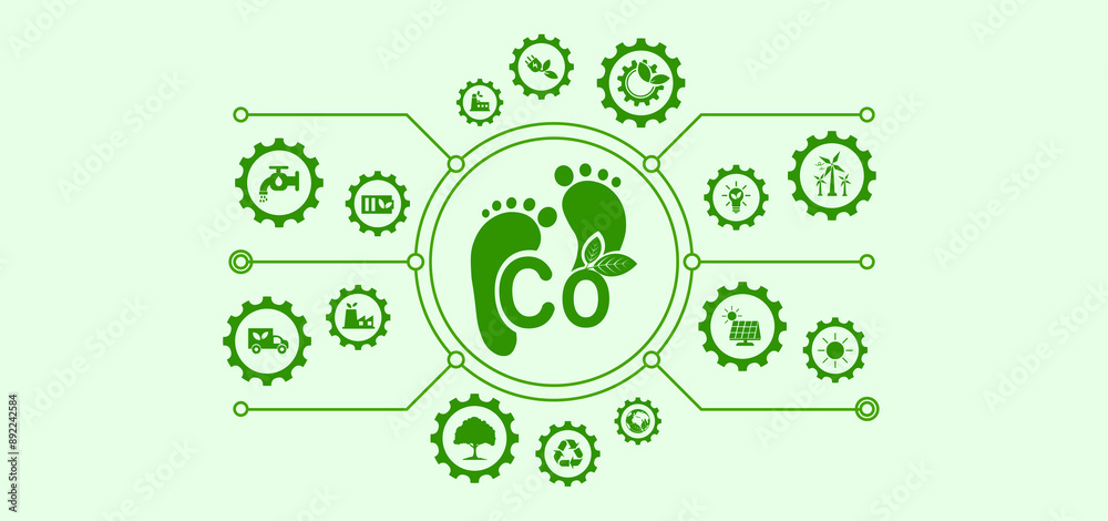 CO2 related vector includes icons such as greenhouse gas emission level, eco-friendly production, earth etc. with green icons. CO2 related vector includes icons such as greenhouse gas emission level, eco-friendly production, earth etc. with green icons.