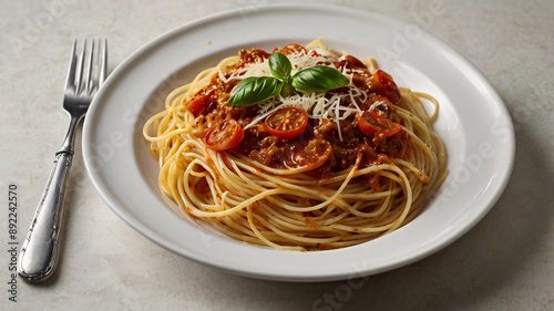 spaghetti with tomato sauce and basil